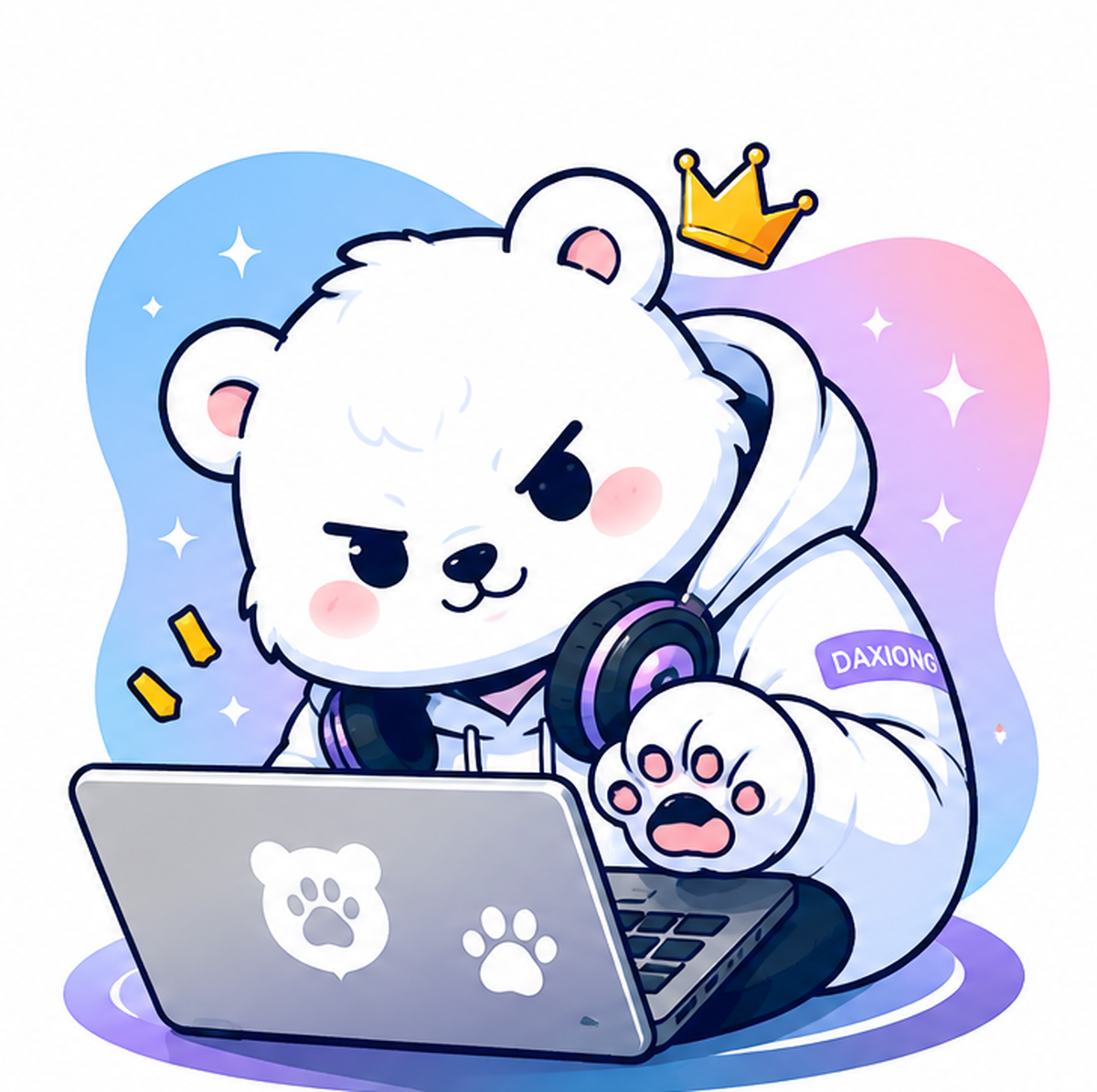 DAXIONG STUDIO bear mascot working on a laptop